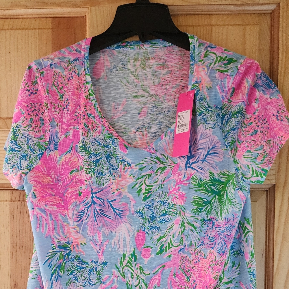 Lilly Pulitzer short sleeve blouse ladies large, celestial Blue, Cay to my heart